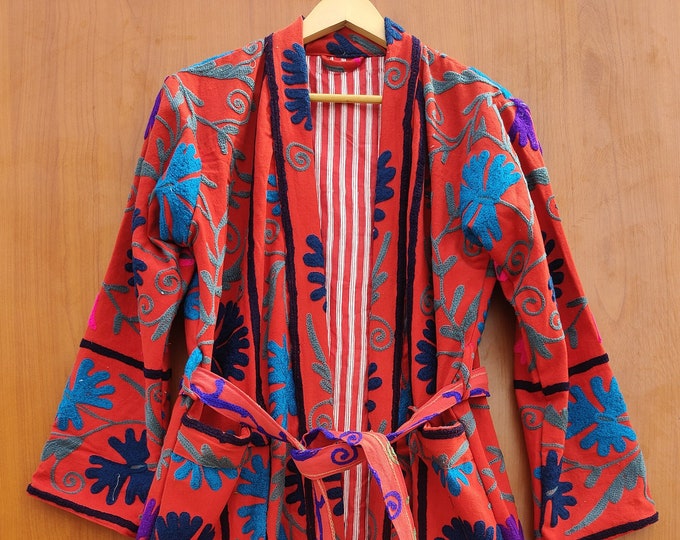 Indian Cotton New Suzani Embroidery Jacket, Winter Warmed Coat, Women's Coat, Cotton Long And Short Size Jacket Kimono