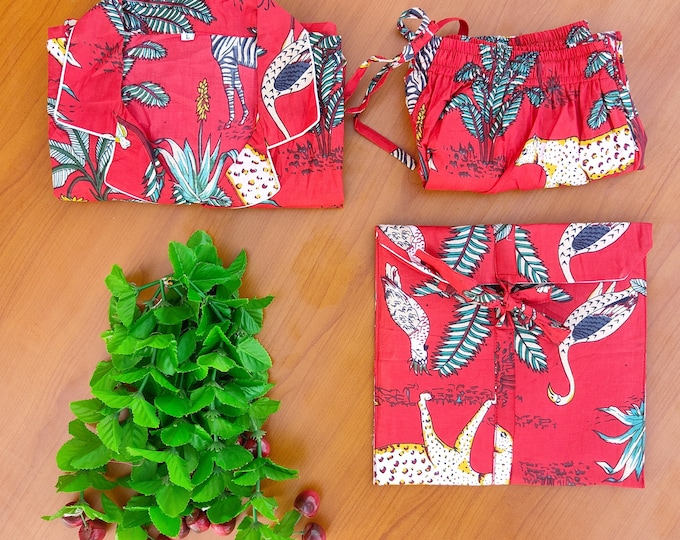 Jungle Print short Pajamas, Animal Print Pure Cotton Pj’s, Pajamas Set ,Indian Cotton,Night Wear, Soft Cotton Night Suit- Gift for her