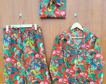 Indian Block Printed Cotton Pyjama Set - Women Cotton Pajama - Loungewear - Hand Block Print - Pj sets - Gifts for Her - Night Suit with Bag