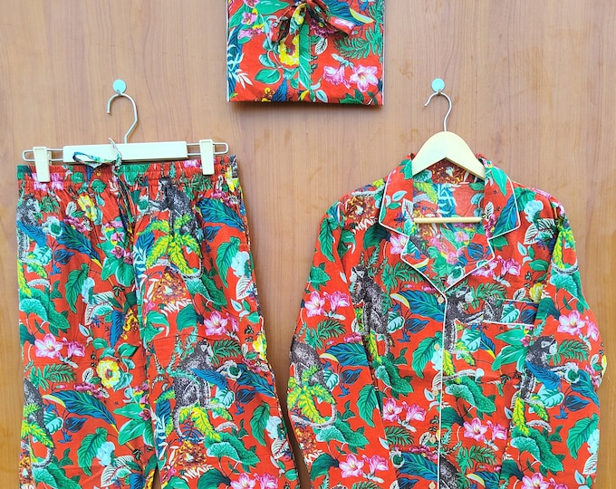 Indian Block Printed Cotton Pyjama Set - Women Cotton Pajama - Loungewear - Hand Block Print - Pj sets - Gifts for Her - Night Suit with Bag