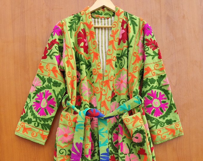 Suzani Hand Embroidered Long Jacket Handmade Cotton Embroidery Long Suzani bathrobe, Indian Style Winter Coat, Women Party Wear Hand Stitch