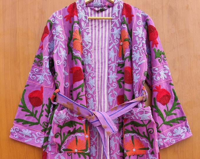 Handmade Cotton Embroidery Long Suzani bathrobe, Indian Style Winter Coat, Women Party Wear Hand Stitch Uzbek Suzani Embroidered Coat, gifts