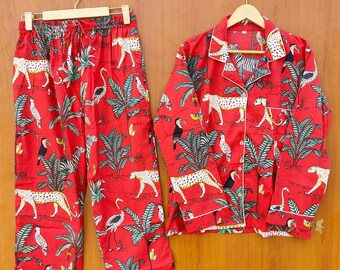 Safari Print Pj Set, Cotton Night Suit, Bridesmaid PJs, Jungle Print Pajama Set, Sleepwear, Adult Pajamas, Lounge wear Gift For Hare,