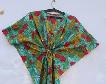 Women Indian Handmade Cotton Kaftan Dress, Hand Block Print Caftan Gown, Apparel Clothing Summer Night Wear, Women Dress Cotton Long Kaftan