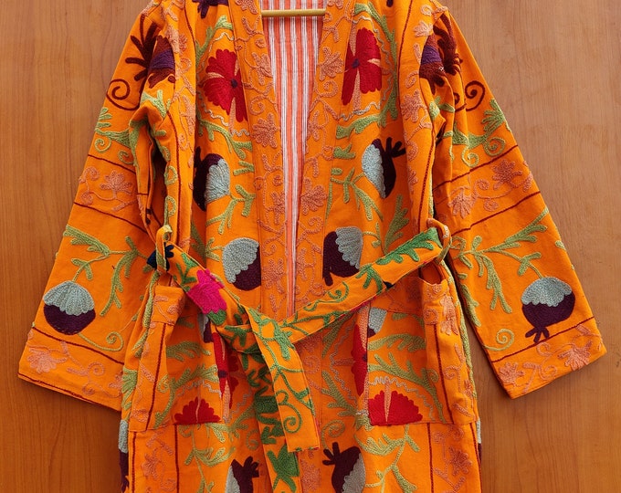 Handmade Cotton Embroidery Long Suzani bathrobe, Indian Style Winter Coat, Women Party Wear Hand Stitch Uzbek Suzani Embroidered Coat, gifts