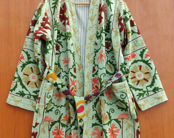 Suzani Hand Embroidered Short And Long Jacket Uzbek Cotton Kimono Luxury Suzani Robe Hidden Pocket Gifts For Her Classic Elegant belt Coat