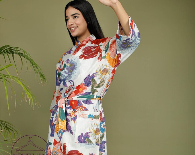 Multicolor floral print cotton kimono | Pure block print cotton robes | Unisex bath robes | Bridesmaid robes | Gift for Christmas.