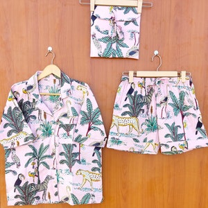 Animal Print Cotton Pajama Set Shorts  Set Women Night Dress Green Color Light Ultra Soft Night Dress Women Cotton Shirt With Shorts Bag Set