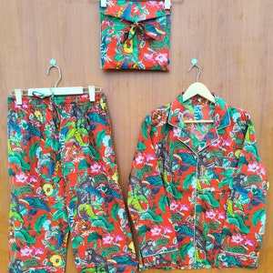 Indian Block Printed Cotton Pyjama Set - Women Cotton Pajama - Loungewear - Hand Block Print - Pj sets - Gifts for Her - Night Suit with Bag