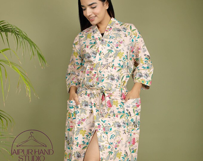 Beige color beach wear kimono | Handmade cotton wedding wear robes | Party wear printed gown | Bridesmaid robes | Gift for Christmas.