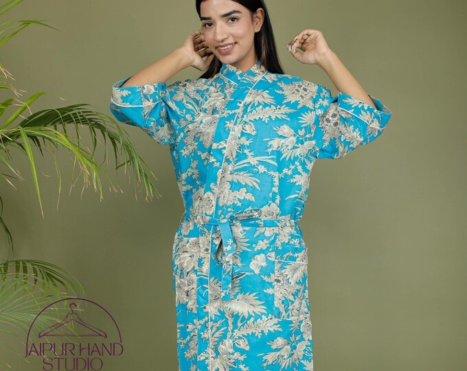 Blue color printed cotton robes | Handmade printed gowns | Wedding wear long dress | Bridesmaid kimono robes | Gift for Christmas.