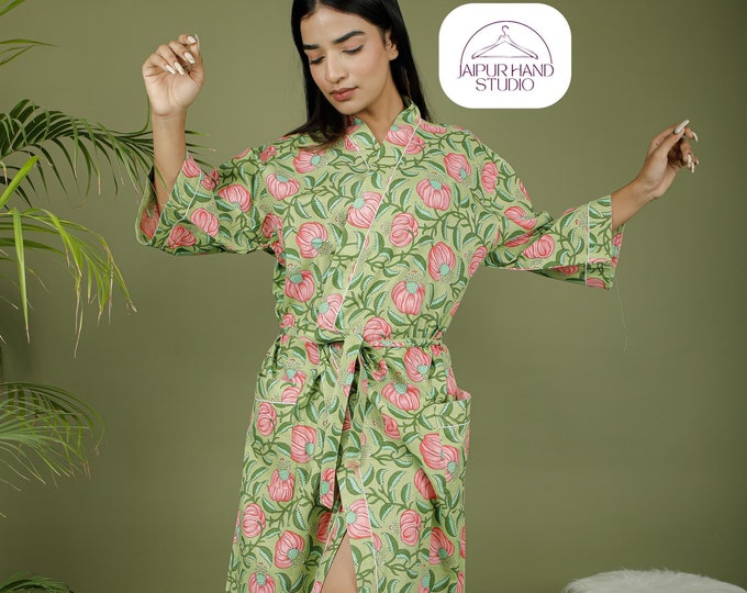 Beautiful pink rose print bath robe| Handmade cotton spa kimono | women wear printed robes | Boho and Hippie bath robes | Gift for Christmas