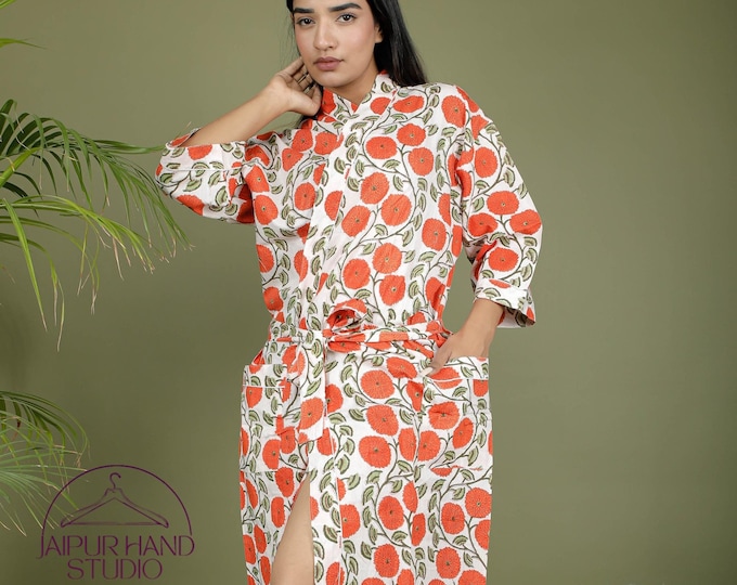 Red floral block print kimono with belt | Handmade cotton robes | Bridesmaid robes | Pregnant lady wear gown | Gift for Christmas.