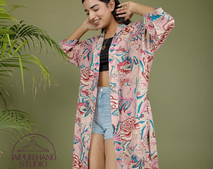 Pink color block print bath robes | women wear long gown | Pregnant lady dress | Cotton beach wear robes | Bridesmaid robe | Gift for her.