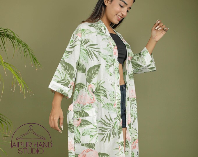 Beautiful leaves print cotton kimono robe | women wear bath robe | Party wear gown | Pregnant lady dress | Bridesmaid robe | Gift for her.