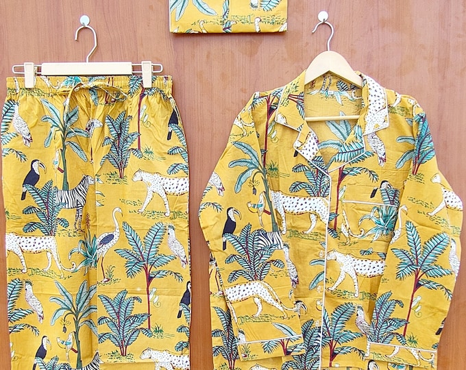 Indian Jungle print Cotton Pajama Set Women Night Dress Yellow Color Light Ultra-Soft Night Dress Women Cotton Pants Shirt Set Gifts for Her