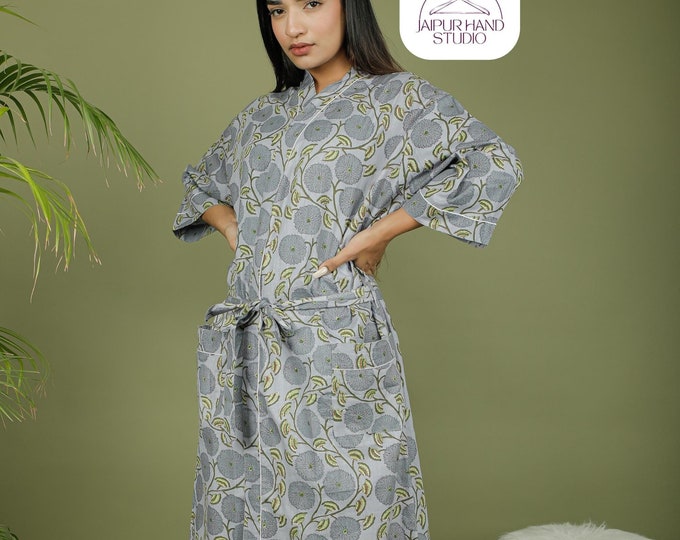 Grey color cotton morning tea dress | Unisex bath robes | Luxury wedding wear kimonos | (OSM) Color and Print spa robes | Gift for Christmas
