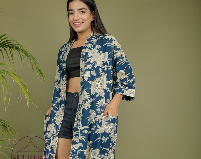 Blue color floral print cotton robe | Women party wear robes | Hand block print robes | Beach wear kimono | Bridesmaid robe | Gift for her.