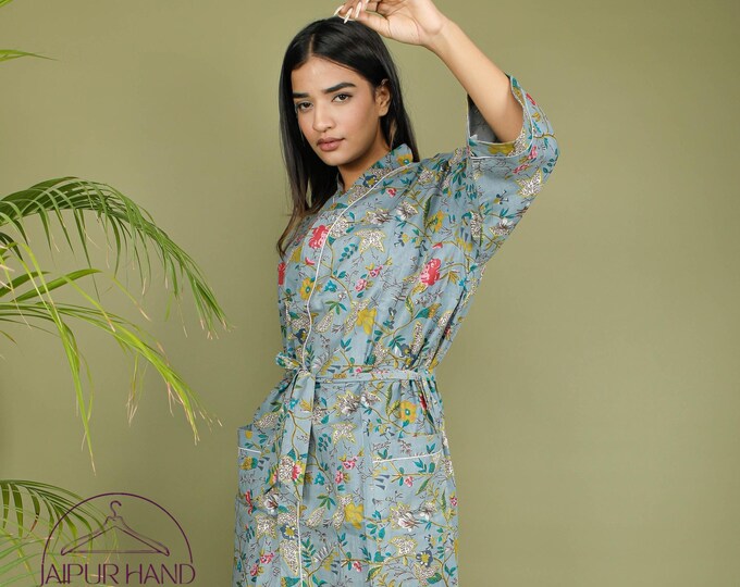 Grey color floral print cotton robes| Unisex bath robes | Beach wear kimono robe | Hand block print kimono | Bridesmaid robes | Gift for her