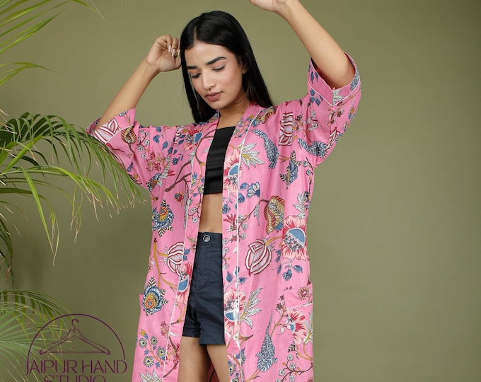 pink color floral print cotton bath robes | women night gown | Boho party wear dress | Long sleeve kimono | Bridesmaid robe | Gift for her.