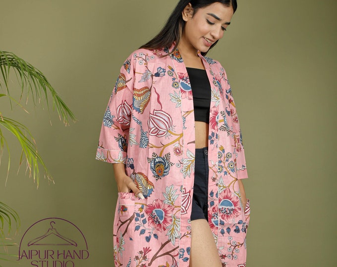 Pink color cotton robes | Women sleepwear robes | Ladies dressing gown | Hand block print kimono | Beach wear robes | Gift for Christmas.