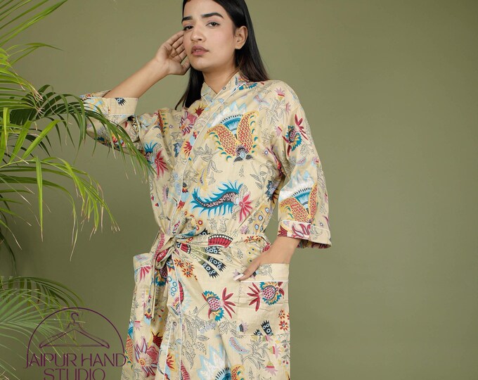 Beige color cotton robes | Block print night gown | women wedding wear robes | summer wear kimonos | Bridesmaid robes | Gift for Christmas.