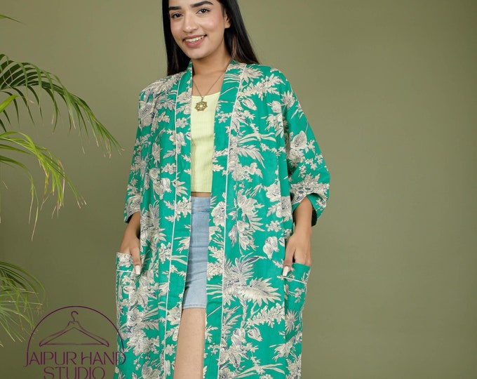 Green color women wear robes | 100 % pure cotton kimono | Women wear gown with belt | Soft cotton beach wear kimono | Bridesmaid robe.