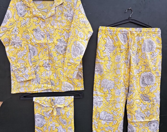 Indian made Floral Cotton Pajamas • long Womens PJs • Pretty Pajama Set Nightwear • Unique Gift Idea for Her • Ladies regular Size Sleepwear