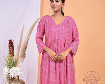 Pink color light weight gown | Women block print dress | Long sleeve dress | Party wear dress | Bridesmaid dress | Gift for Christmas.