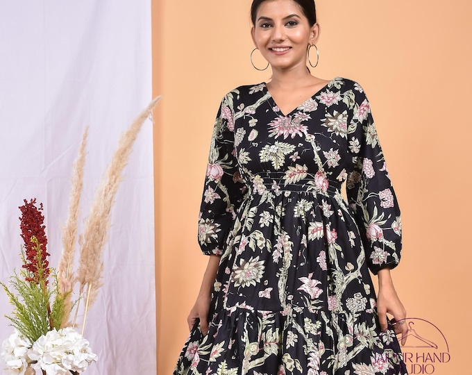 Beautiful black color party dress| Hand block print long midi | Boho cotton dress | Women wear dress | Bridesmaid dress | Gift for Christmas