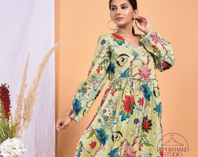 Women summer wear dress | Floral block print dress | Long sleeve gown | Women party wear dress | Bridesmaid dress | Gift for Christmas.