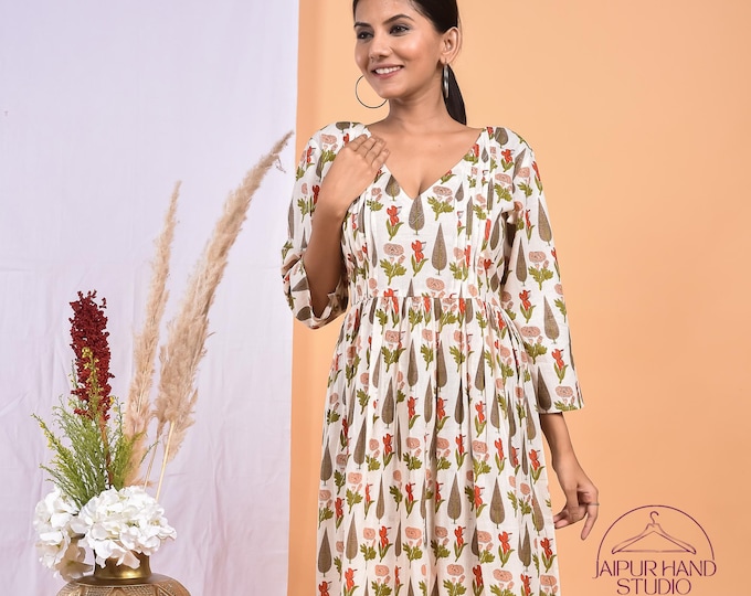 Party wear cotton gown | Hand block print summer wear dress | Long sleeve dress | Lightweight gown | Bridesmaid dress | Gift for Christmas.