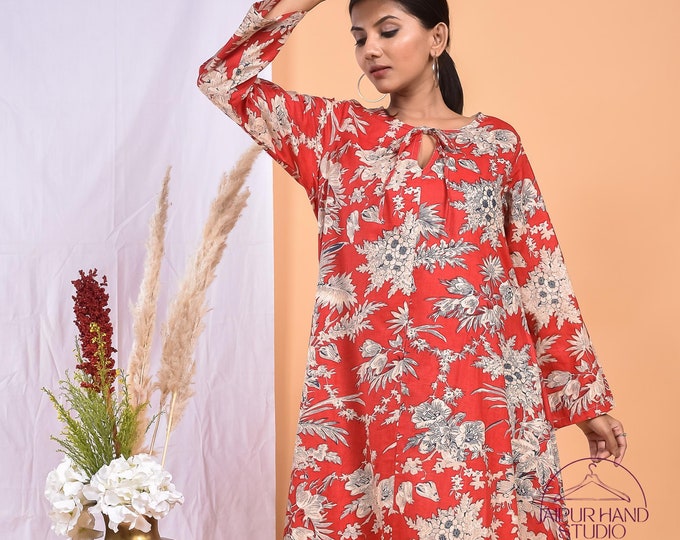 Beautiful floral print cotton dress | Women wear red color midi dress | Summer wear dress | Bridesmaid dress | Gift for Christmas.