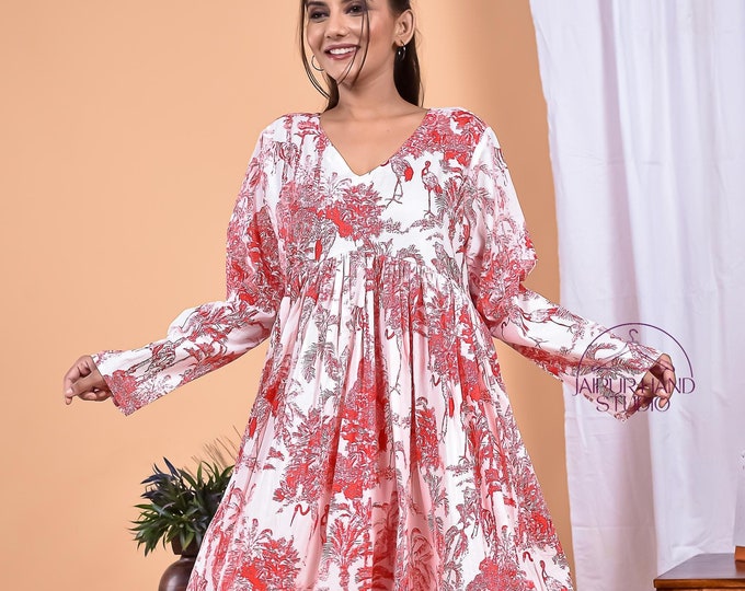 White and red color cotton gown | Festive wear cotton dress | Long sleeve wedding wear dress | Bridesmaid dress | Gift for Christmas.