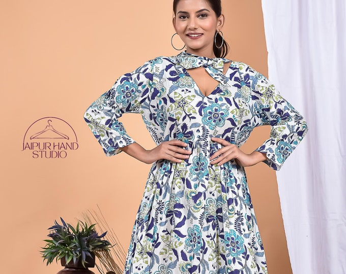 Hand block print beautiful women dress| Unique neckline cotton dress | Long sleeve women gown | Bridesmaid cotton dress | Gift for Christmas