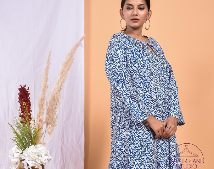 White and blue color cotton dress | Women wear dresses | Hand block print dress | Bridesmaid dress | Boho long midi | Gift for Christmas.
