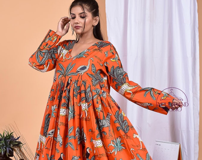 Jungle prints cotton midi dress | Women beach wear gown | wedding wear long sleeve dress | Bridesmaid dress | Gift for Christmas.