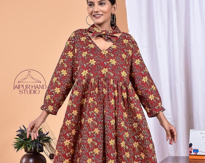 Floral block print cotton women wear | Wedding wear long dress | Long sleeve long midi dress | Unoique neckline cotton dress | Gift for her.