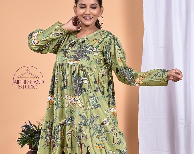 Green color beach wear long midi dress | Jungle block print cotton gown | summer wear party dress | Bridesmaid dress | Gift for Christmas.