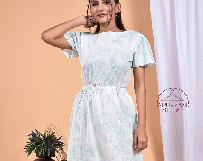Green color tree print cotton long midi dress | Women wedding wear dress | Party wear gown | Bridesmaid dress | Gift for Christmas.