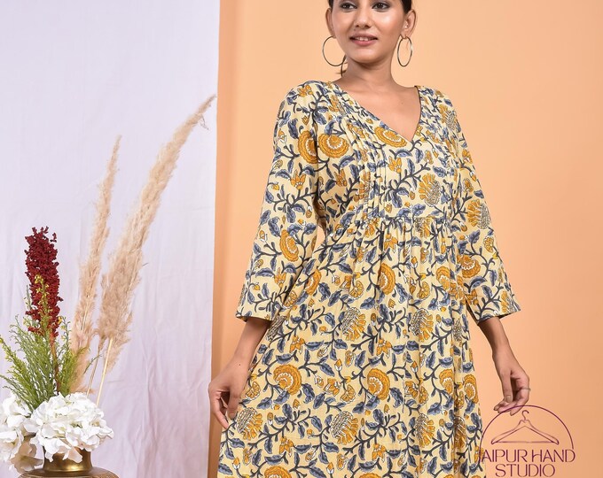 Summer wear block print dresses | Handmade cotton gown | Wedding and party dress | Long sleeve dress | Bridesmaid dress | Gift for Christmas