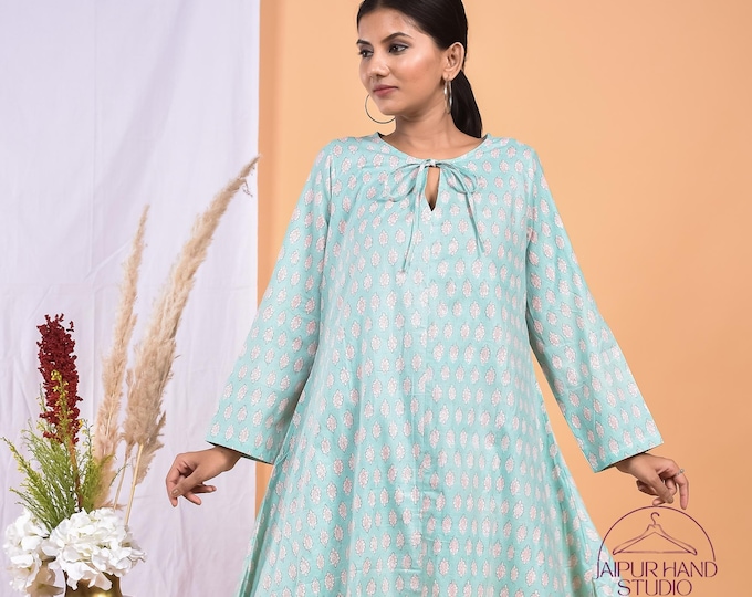 Blue color cotton long midi | Hand block print dress | Long sleeve midi dress | women party wear dress | Bridesmaid dress | Gift for her.