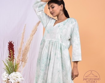 White and green color cotton gown | Handmade light weight dress | women wear long midi dress | Bridesmaid dress | Gift for Christmas.