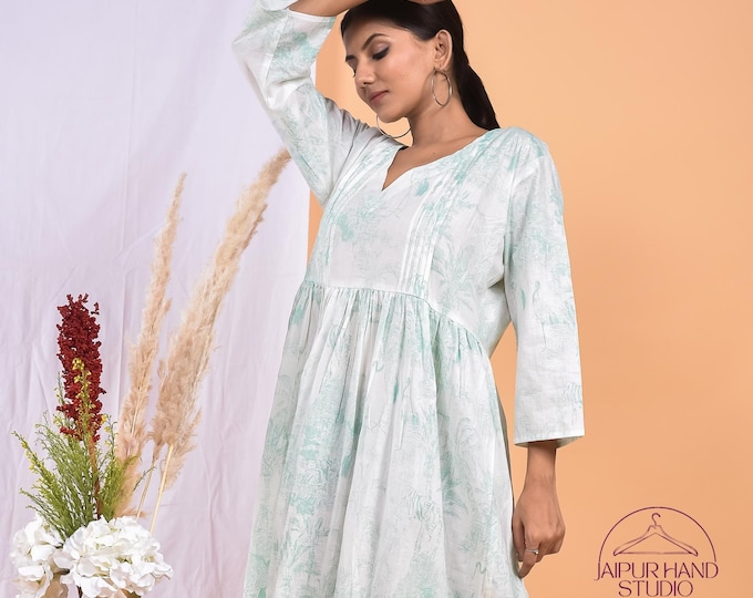 White and green color cotton gown | Handmade light weight dress | women wear long midi dress | Bridesmaid dress | Gift for Christmas.