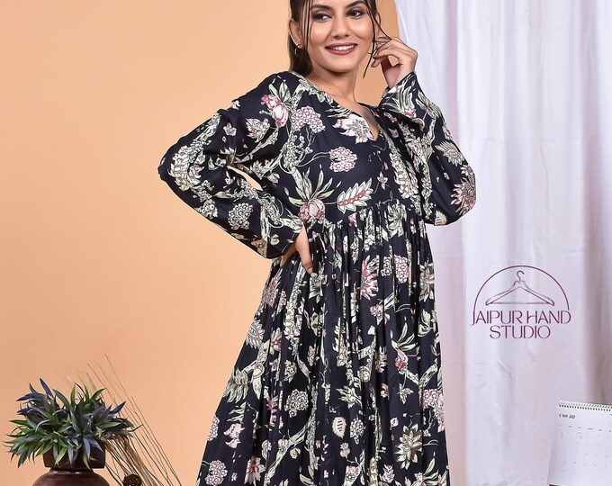 Women wear special soft cotton dress | Women summer wear long midi dress | Beautiful black color with floral print dress| Gift for Christmas