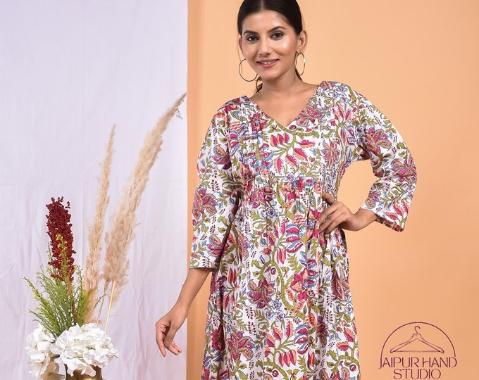 Lightweight cotton dress | Summer wear long midi | Block print party wear gown | Long sleeve dress | Bridesmaid dress | Gift for Christmas.