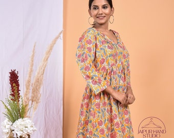 Handmade cotton long midi dresses | Block print dresses | Long sleeve summer wear dress | Bridesmaid dress | Gift for Christmas.