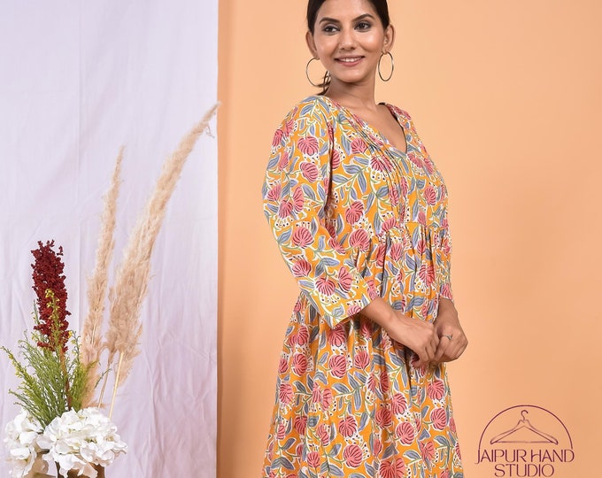 Handmade cotton long midi dresses | Block print dresses | Long sleeve summer wear dress | Bridesmaid dress | Gift for Christmas.