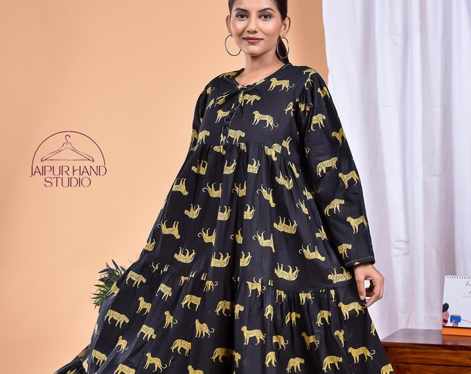 Black color tiger print cotton dress | Block print long sleeve dress | Women party wear gown | women night wear maxi | Gift for Christmas.