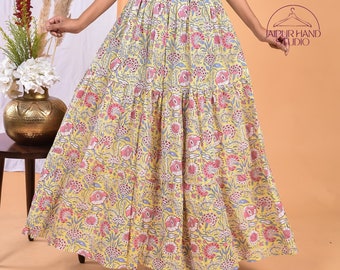Yellow color block print summer wear skirts | Women wear sari wrap | Party wear skirts | Night wear maxi | Bridesmaid skirts | Gift for her.